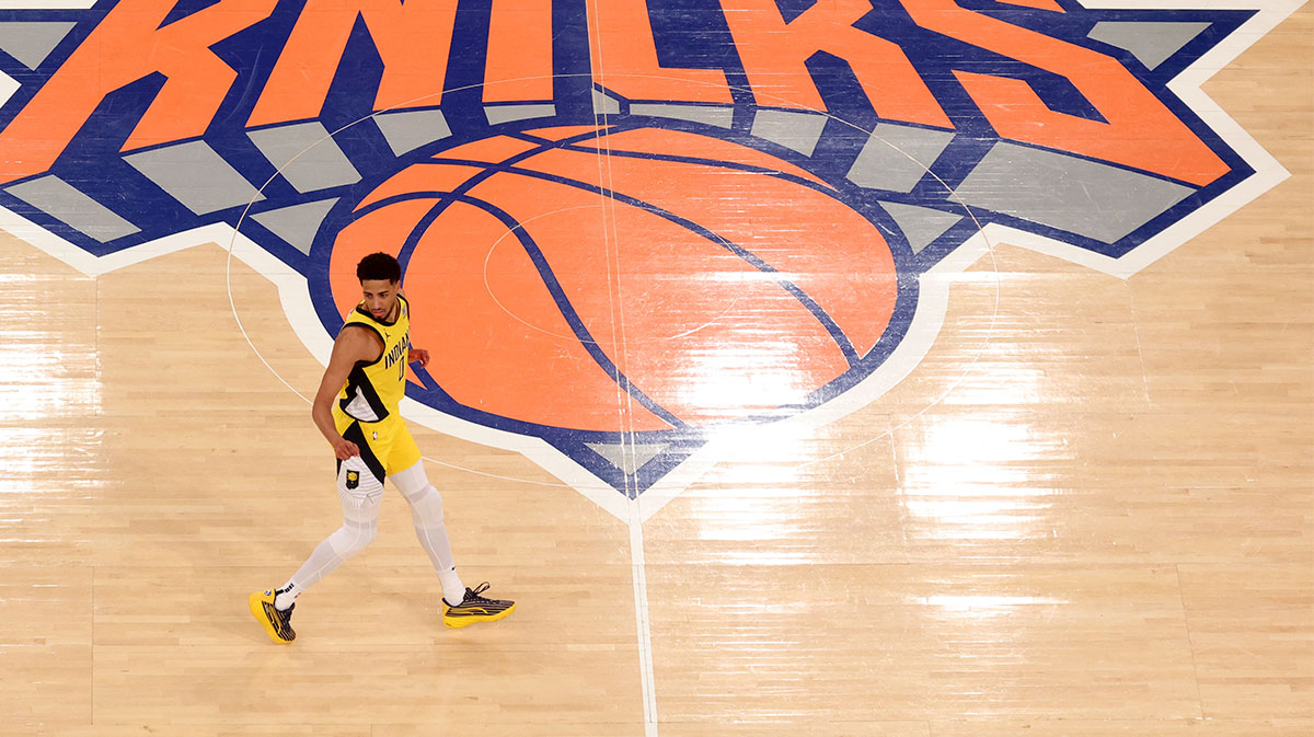 Indiana Pacers guard Tyrese Haliburton (0) reacts after scoring a three point shot against the New York Knicks in the fourth quarter during game two of the eastern conference finals for the 2025 NBA Playoffs at Madison Square Garden.
