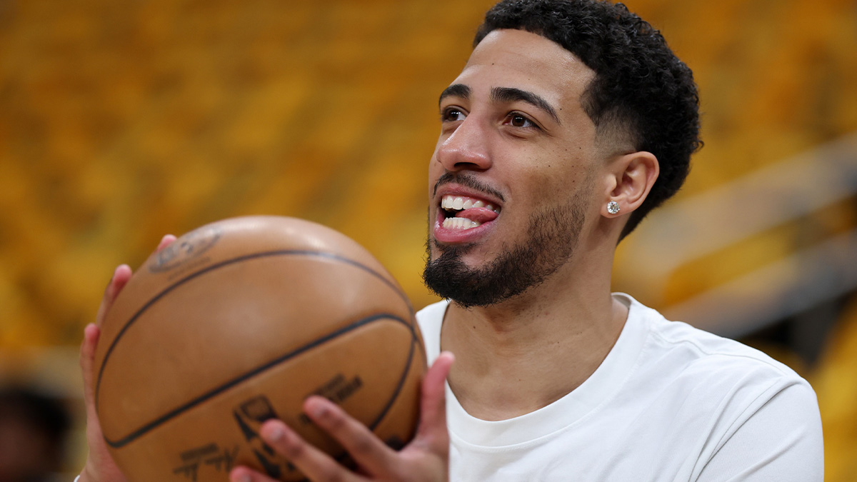 Indiana Pacers guard Tyrese Haliburton (0) warms up prior to game six of the eastern conference finals for the 2025 NBA Playoffs at Gainbridge Fieldhouse.