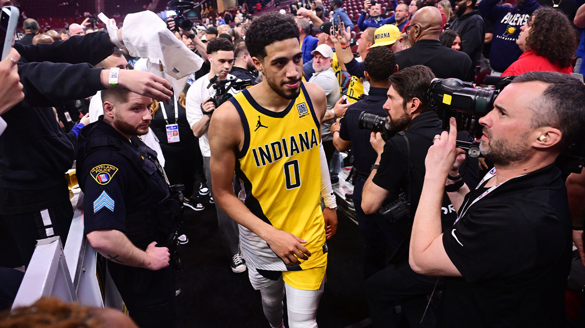 Indiana Pacers guard Tyrese Haliburton (0) walks off the court after game five of the second round for the 2025 NBA Playoffs at Rocket Arena.