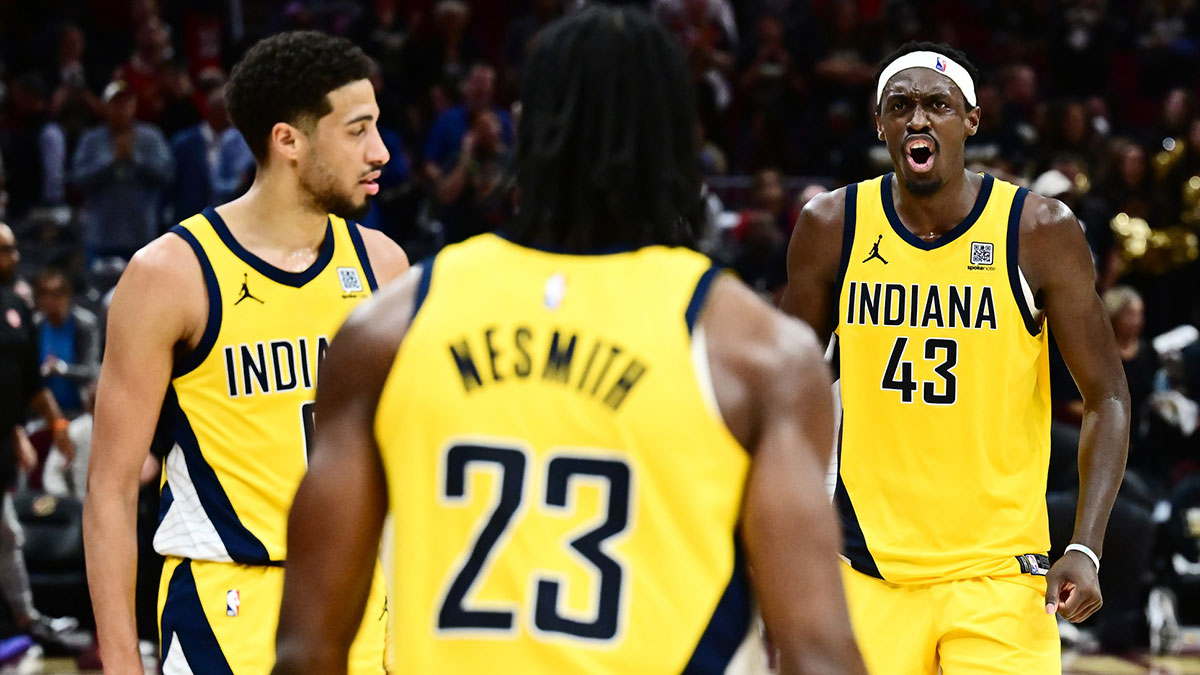 Indiana Pacers forward Aaron Nesmith (23) and guard Tyrese Haliburton (0) and forward Pascal Siakam (43) celebrate during the second half of game five against the Cleveland Cavaliers in the second round for the 2025 NBA Playoffs at Rocket Arena.