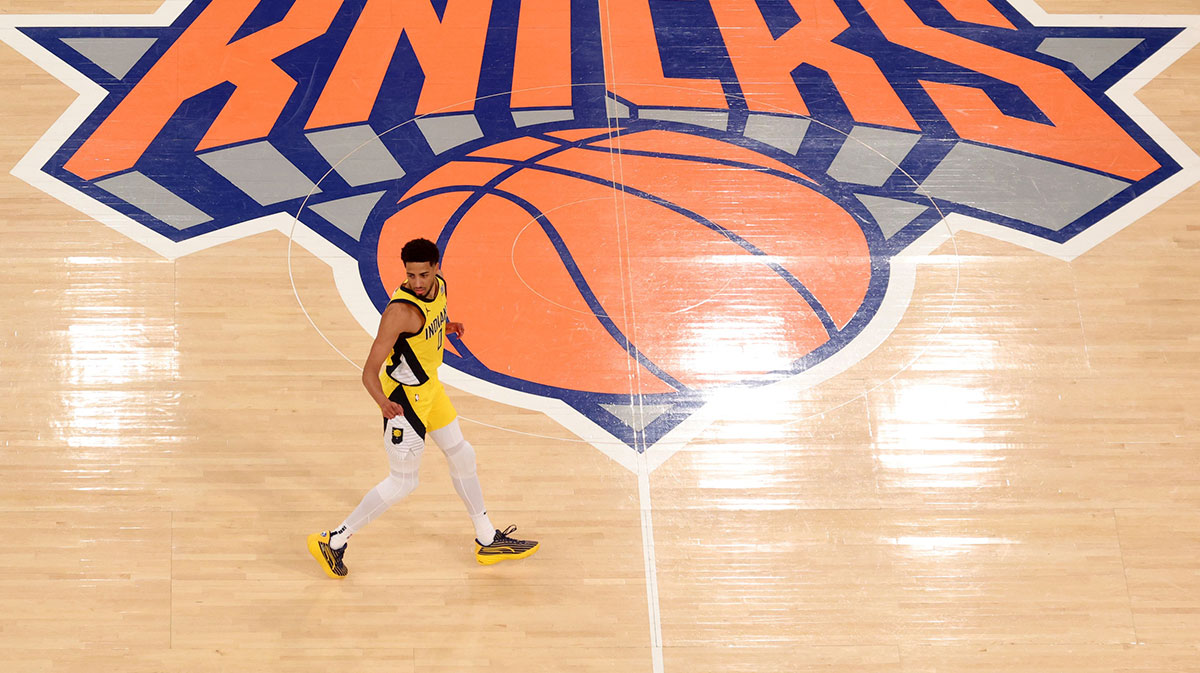 Indiana Pacers guard Tyrese Haliburton (0) reacts after scoring a three point shot against the New York Knicks in the fourth quarter during game two of the eastern conference finals for the 2025 NBA Playoffs at Madison Square Garden.