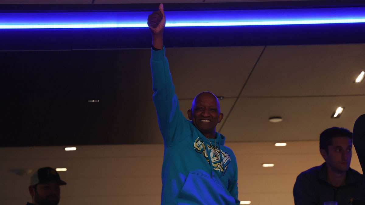 John Haliburton, father of Indiana Pacers guard Tyrese Haliburton (0), reacts from an suite prior to game four of the eastern conference finals between the Indiana Pacers and the New York Knicks for the 2025 NBA Playoffs at Gainbridge Fieldhouse