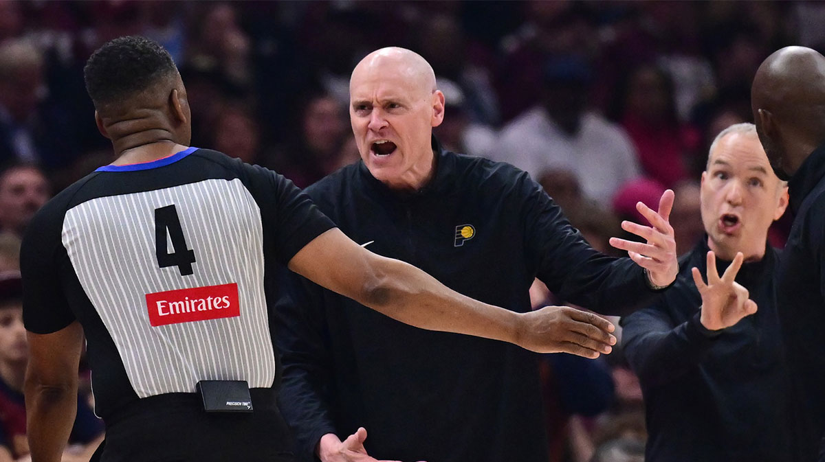Indiana Pacers head coach Rick Carlisle argues a call with referee Sean Wright (4) during the first half against the Cleveland Cavaliers in game one of the second round for the 2025 NBA Playoffs at Rocket Arena. Mandatory Credit: Ken Blaze-Imagn Images