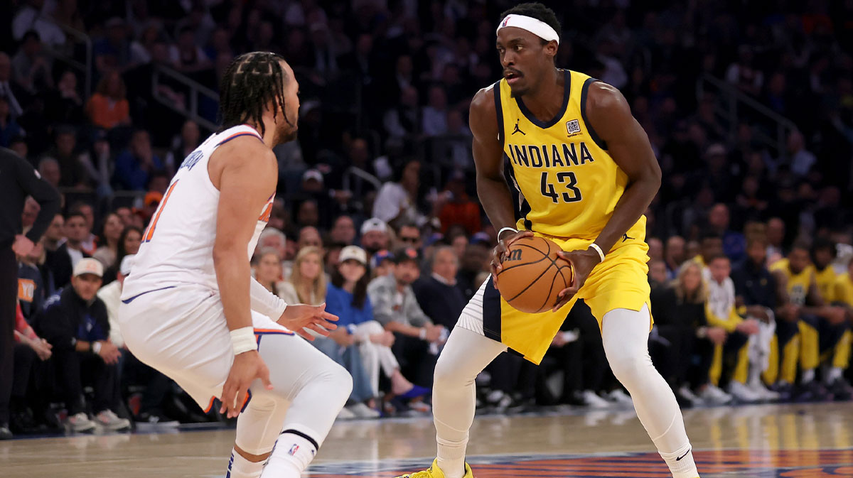 Indiana Pacers forward Pascal Siakam (43) controls the ball against New York Knicks guard Jalen Brunson (11) during the first quarter of game five of the eastern conference finals during the 2025 NBA Playoffs at Madison Square Garden.