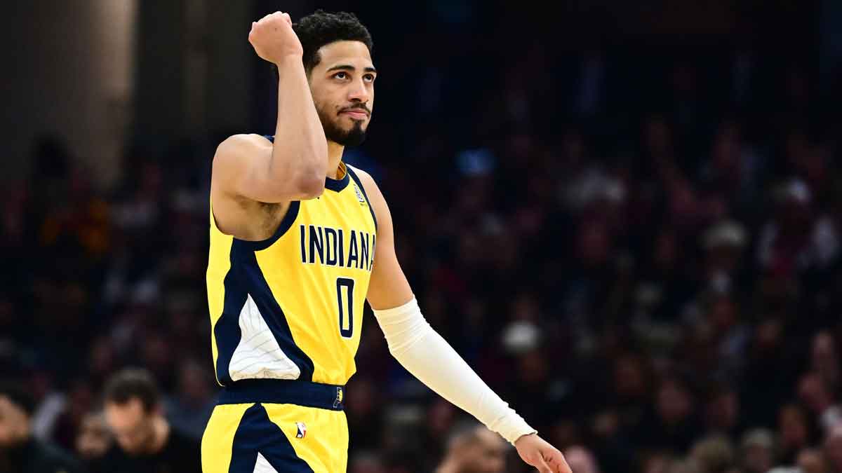 Indiana Pacers guard Tyrese Haliburton (0) celebrates after hitting a three point basket during the first half against the Cleveland Cavaliers in game five of the second round for the 2025 NBA Playoffs at Rocket Arena.