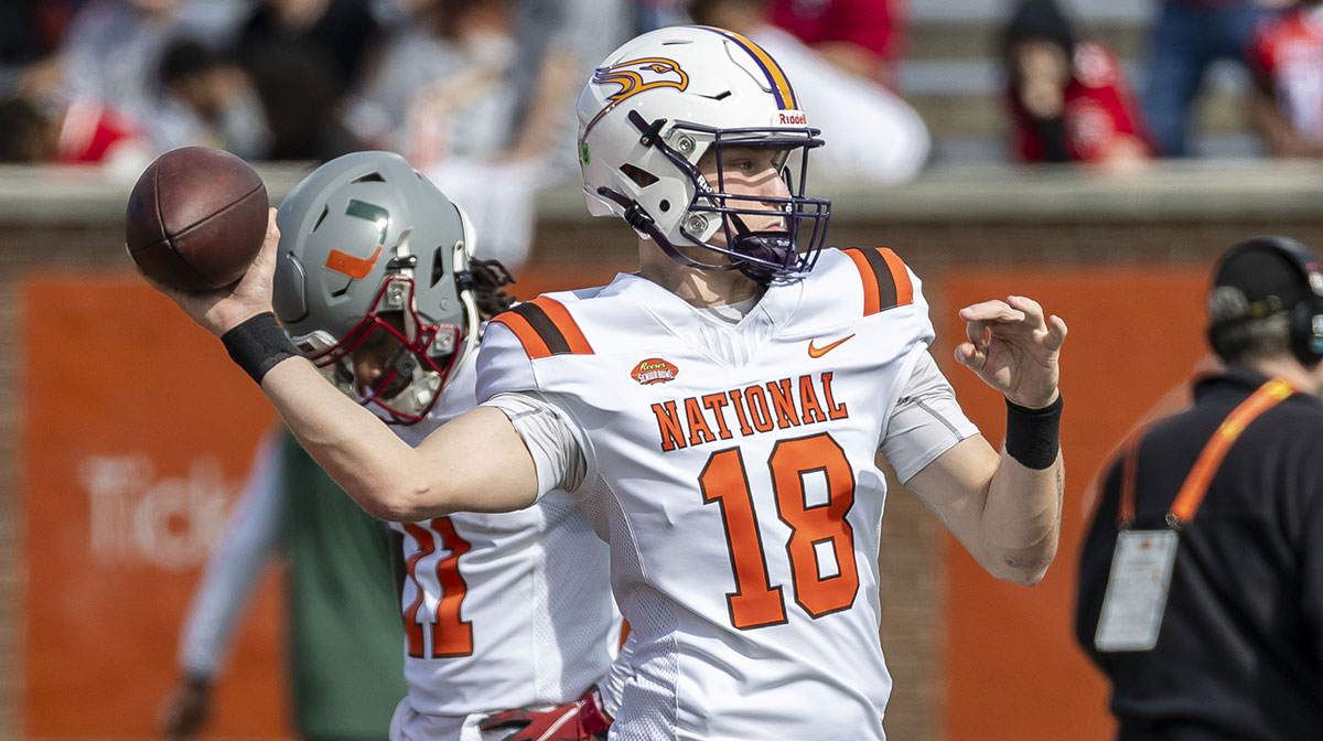 National team quarterback Taylor Elgersma of Laurier (18) warms up before the 2025 Senior Bowl football game at Hancock Whitney Stadium.