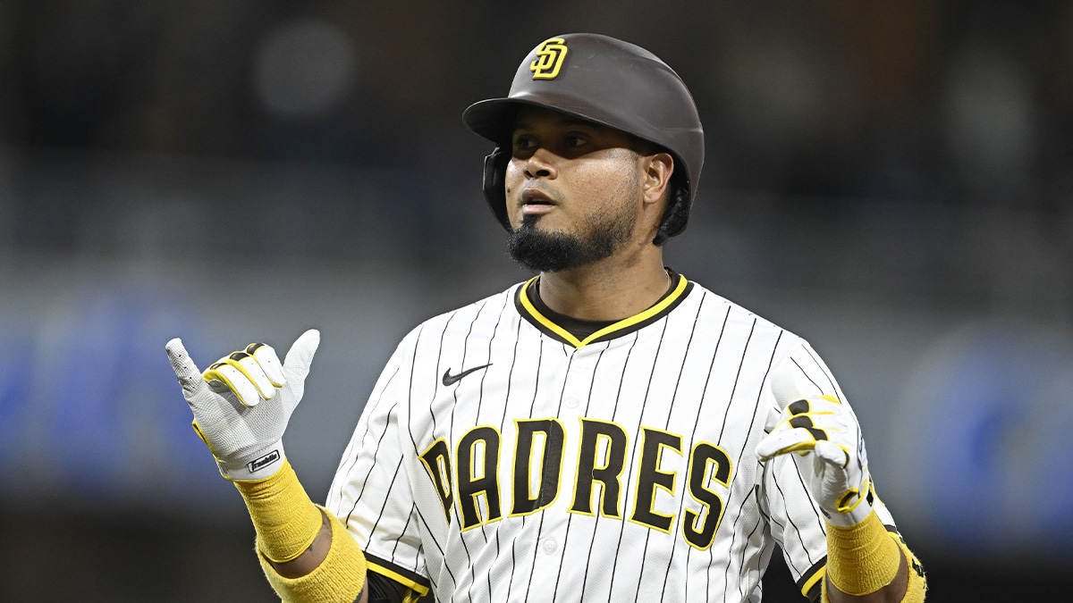 San Diego Padres first baseman Luis Arraez (4) getures after hitting and RBI single during the fourth inning against the Miami Marlins at Petco Park