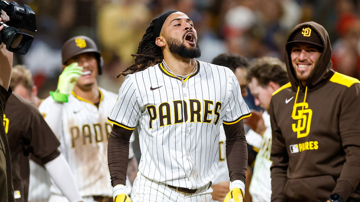 San Diego Padres right fielder Fernando Tatis Jr. (23) celebrates after hitting a walk-off two run home run during the ninth inning against the Los Angeles Angels at Petco Park.