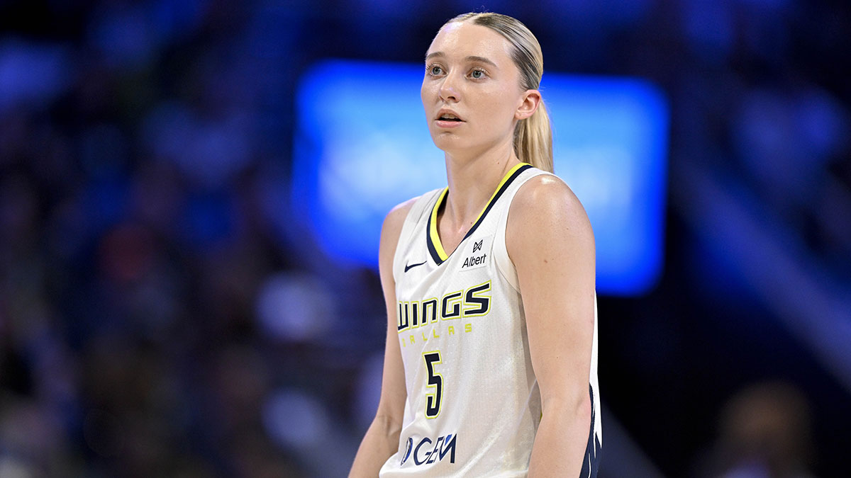 Dallas Wings guard Paige Bueckers (5) looks on during the first half against the Seattle Storm at College Park Center.