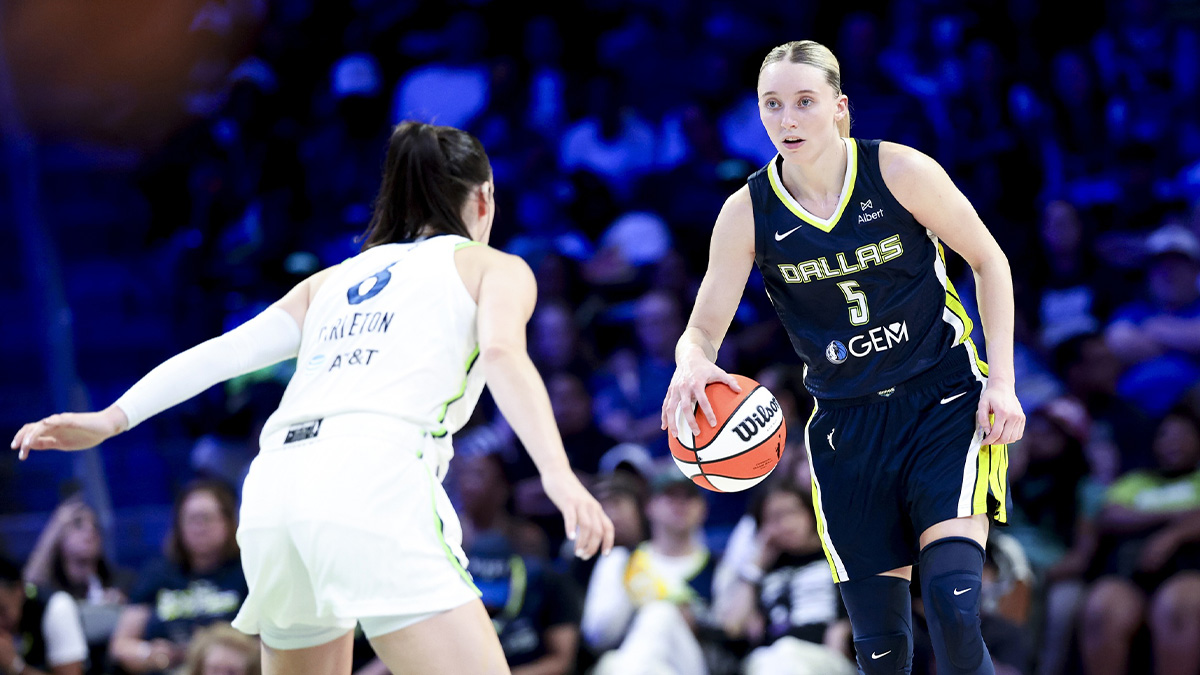 Dallas Wings guard Paige Bueckers (5) dribbles as Minnesota Lynx forward Bridget Carleton (6) defends during the second half at College Park Center.