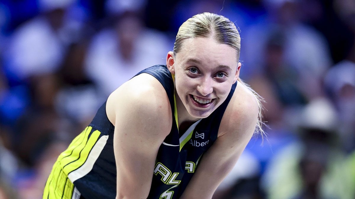 Dallas Wings guard Paige Bueckers (5) reacts against the Minnesota Lynx during the first half at College Park Center.