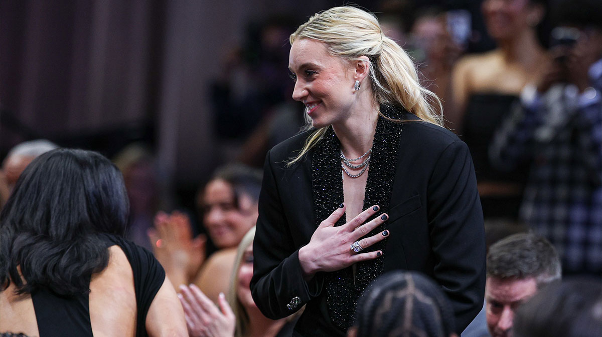 Apr 14, 2025; New York, New York, USA; Paige Bueckers reacts after being selected with the number one overall pick to the Dallas Wings in the 2025 WNBA Draft at The Shed at Hudson Yards. Mandatory Credit: Vincent Carchietta-Imagn Images