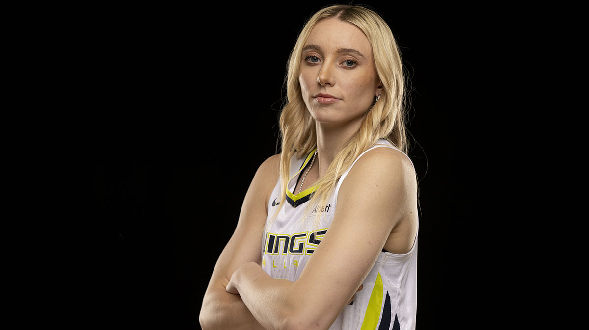Dallas Wings guard Paige Bueckers poses for a photo during the 2025 Dallas Wings Media Day.
