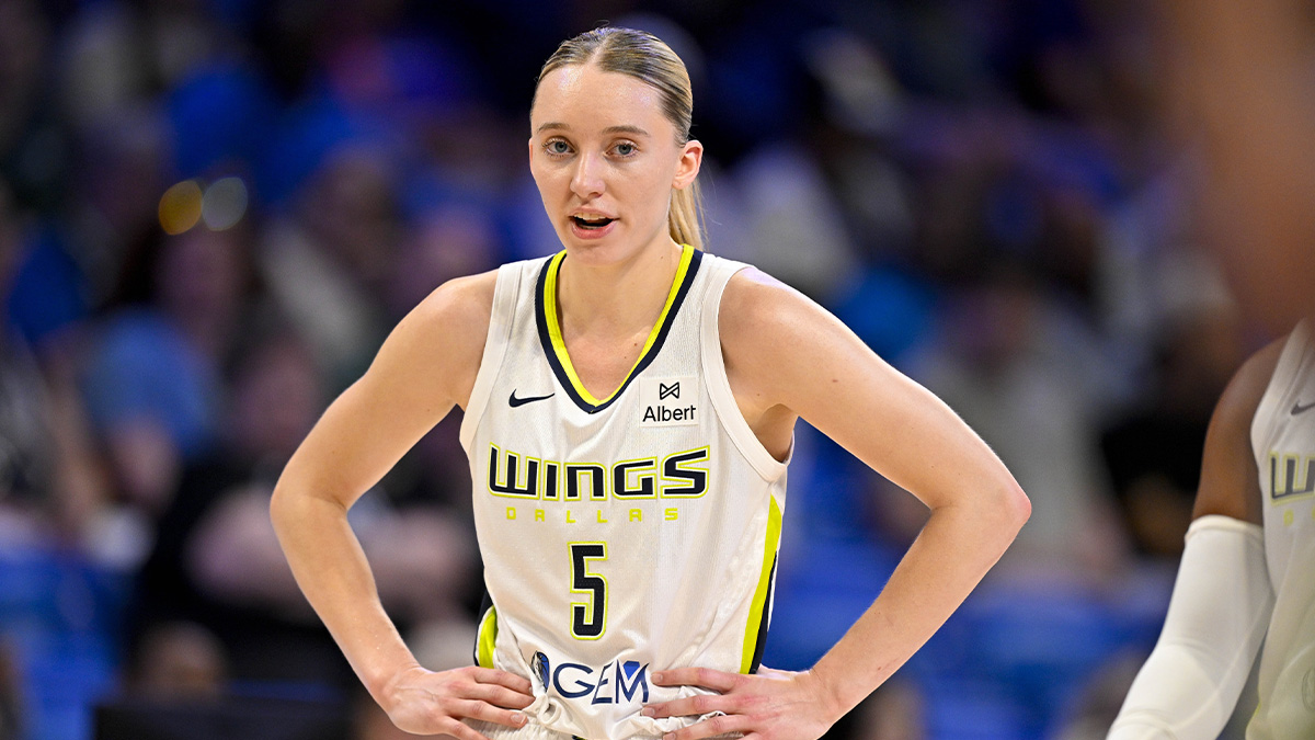 Dallas Wings guard Paige Bueckers (5) in action during the game between the Dallas Wings and the Seattle Storm at College Park Center.