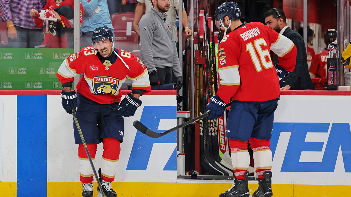 Florida Panthers center Brad Marchand (63) enters the ice during the third period against the Carolina Hurricanes in game three of the Eastern Conference Final of the 2025 Stanley Cup Playoffs at Amerant Bank Arena.