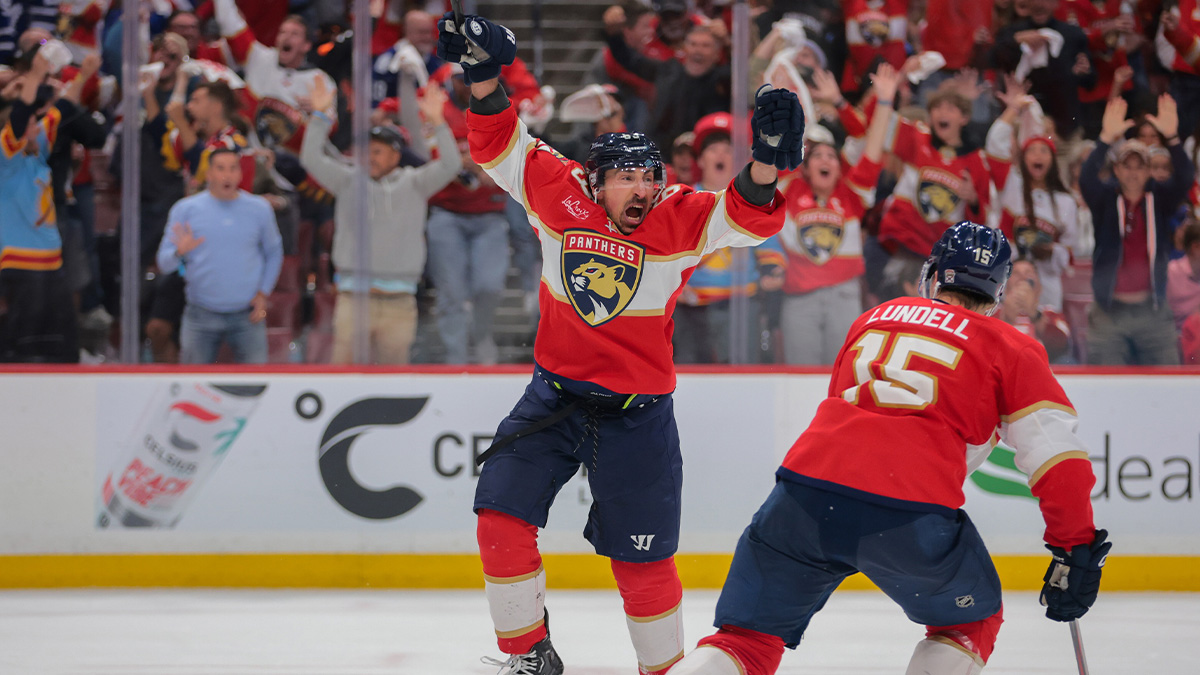 Florida Panthers center Brad Marchand (63) celebrates after scoring the game-winning goal against the Toronto Maple Leafs during overtime in game three of the second round of the 2025 Stanley Cup Playoffs at Amerant Bank Arena.