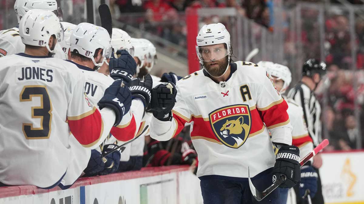 Florida Panthers defenseman Aaron Ekblad (5) celebrates scoring against the Carolina Hurricanes during the first period in game one of the Eastern Conference Final of the 2025 Stanley Cup Playoffs at Lenovo Center.