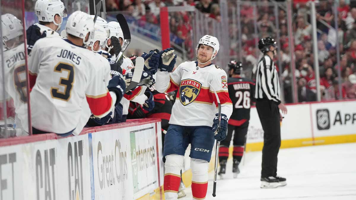 Florida Panthers defenseman Gustav Forsling (42) celebrates scoring during the first period against the Carolina Hurricanes in game two of the Eastern Conference Final of the 2025 Stanley Cup Playoffs at Lenovo Center.