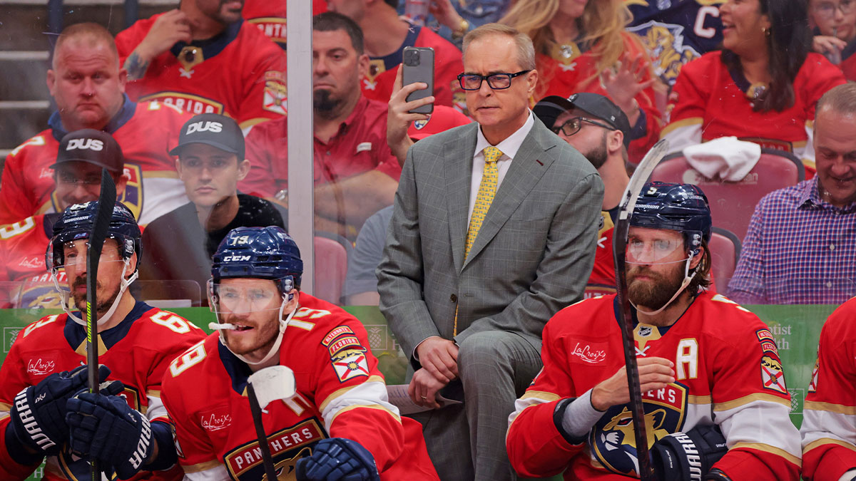 Florida Panthers head coach Paul Maurice reacts during the first period in game three of the Eastern Conference Final of the 2025 Stanley Cup Playoffs at Amerant Bank Arena.