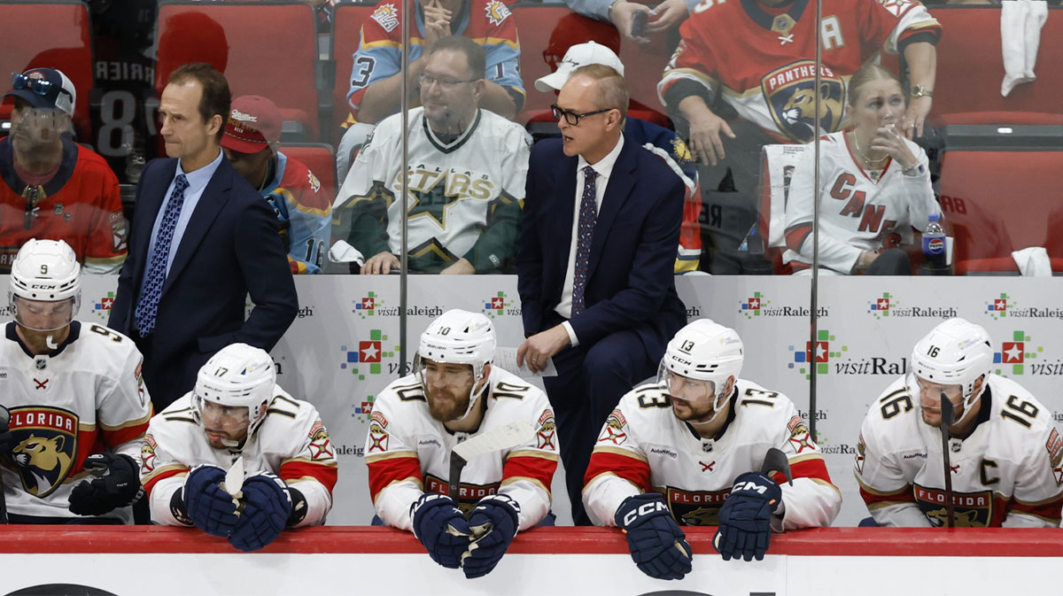 Florida Panthers head coach Paul Maurice (lright) looks on during the second period against the Carolina Hurricanes in game five of the Eastern Conference Final of the 2025 Stanley Cup Playoffs at Lenovo Center.