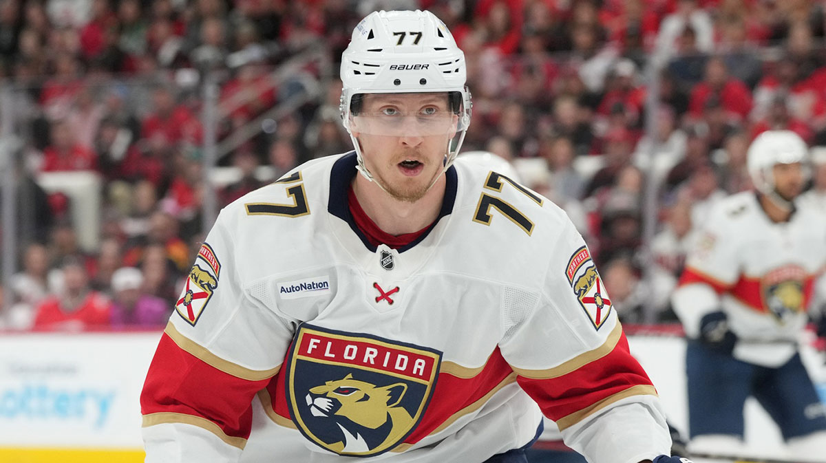 Florida Panthers defenseman Niko Mikkola (77) skates during the first period against the Carolina Hurricanes in game two of the Eastern Conference Final of the 2025 Stanley Cup Playoffs at Lenovo Center.