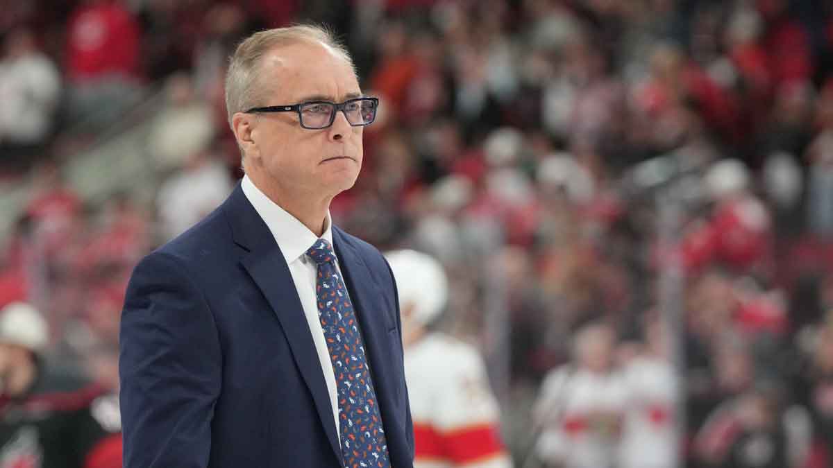 Florida Panthers head coach Paul Maurice on the ice after the third period and and win against the Carolina Hurricanes in game five of the Eastern Conference Final of the 2025 Stanley Cup Playoffs at Lenovo Center.