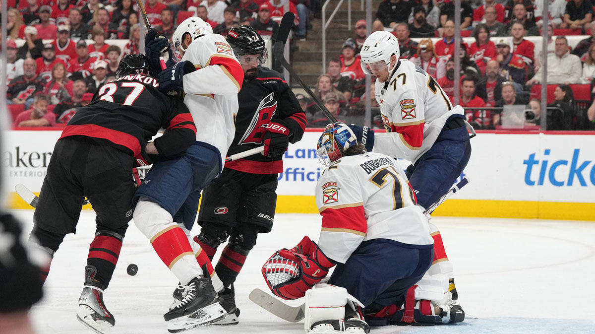 Florida Panthers goaltender Sergei Bobrovsky (72) defends against Carolina Hurricanes forward Andrei Svechnikov (37) during the third period in game one of the Eastern Conference Final of the 2025 Stanley Cup Playoffs at Lenovo Center.