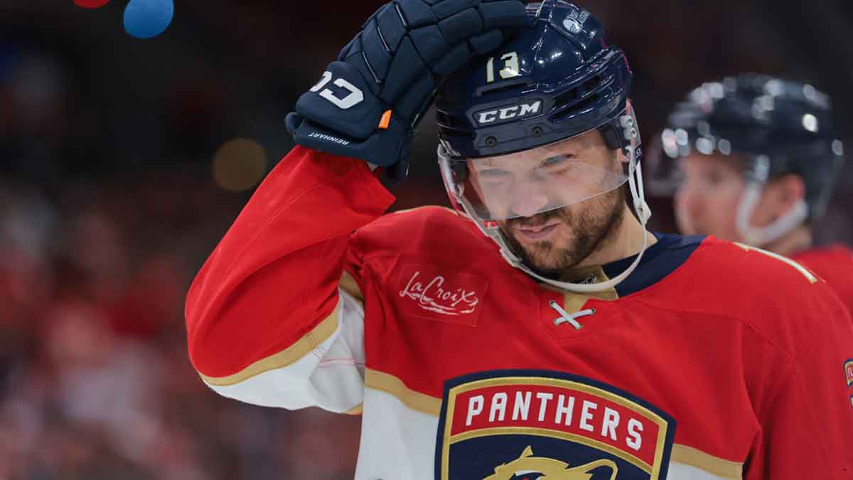 Florida Panthers center Sam Reinhart (13) reacts against the Toronto Maple Leafs during the second period in game six of the second round of the 2025 Stanley Cup Playoffs at Amerant Bank Arena.