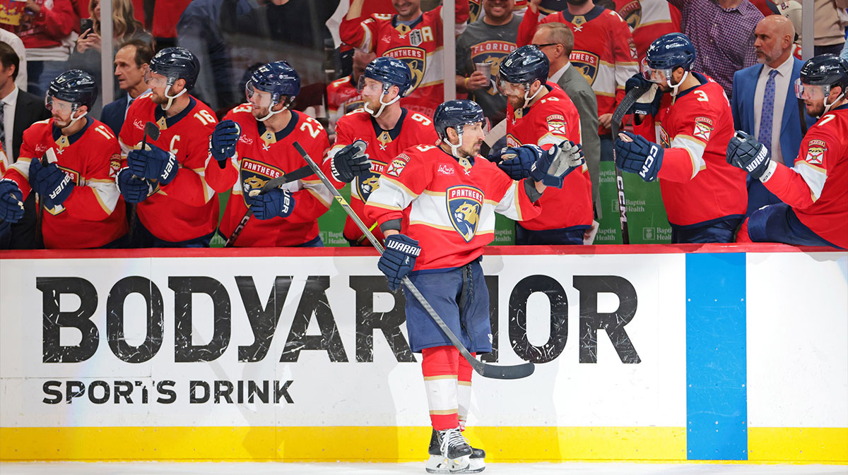 Florida Panthers center Brad Marchand (63) celebrates after a goal during the third period against the Carolina Hurricanes in game three of the Eastern Conference Final of the 2025 Stanley Cup Playoffs at Amerant Bank Arena