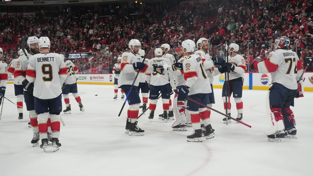 Florida Panthers celebrate the win against the Carolina Hurricanes after game five of the Eastern Conference Final of the 2025 Stanley Cup Playoffs at Lenovo Center.