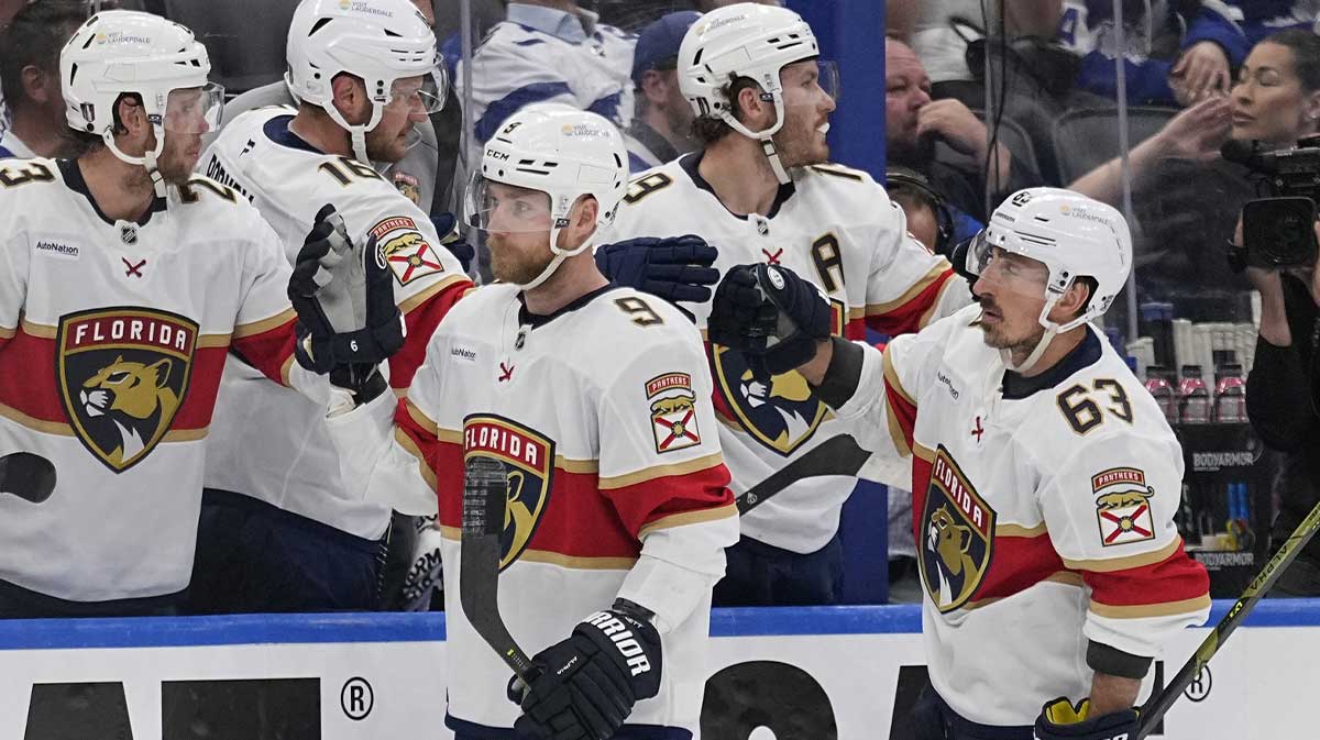 Florida Panthers forward Sam Bennett (9) gets congratulated after a goal against the Toronto Maple Leafs during the third period of game five of the second round of the 2025 Stanley Cup Playoffs at Scotiabank Arena.