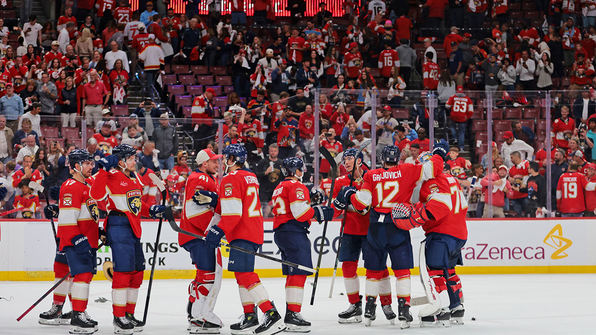 The Florida Panthers celebrate the win against the Carolina Hurricanes in game three of the Eastern Conference Final of the 2025 Stanley Cup Playoffs at Amerant Bank Arena.