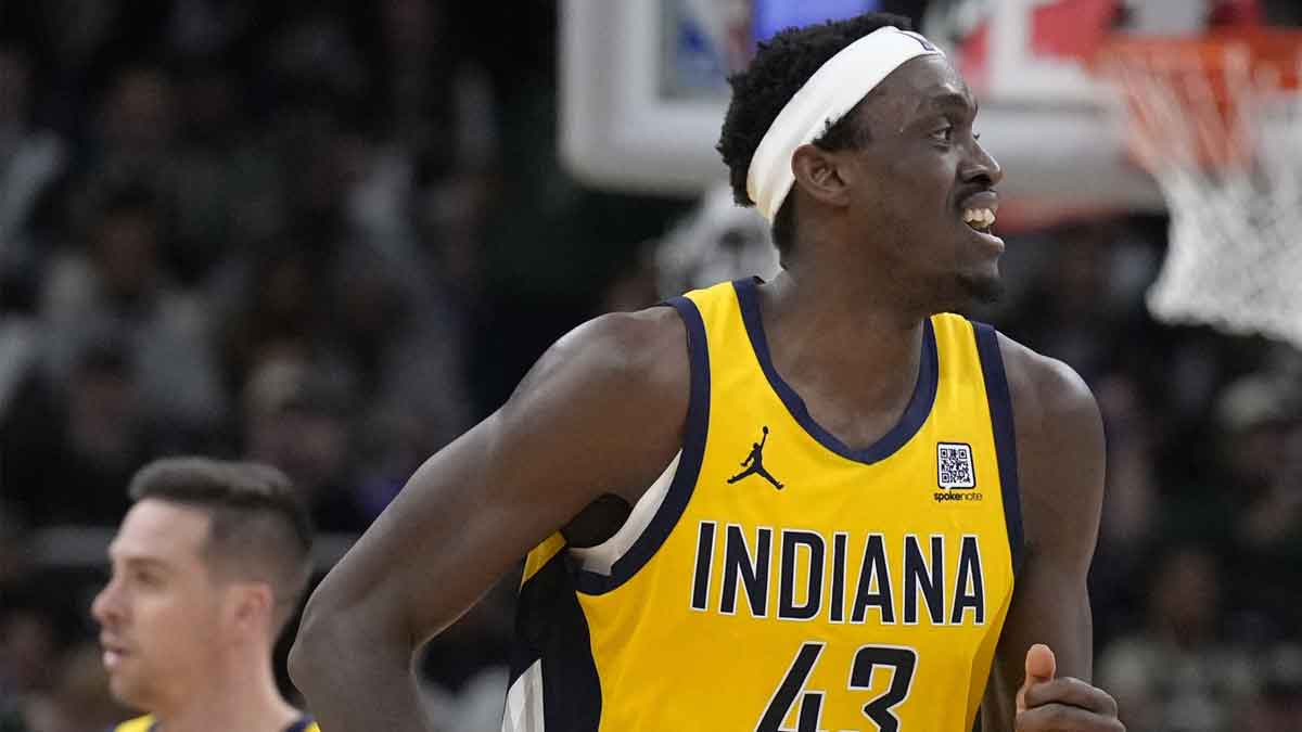 Indiana Pacers forward Pascal Siakam (43) runs up court after making consecutive three point baskets against the Milwaukee Bucks.