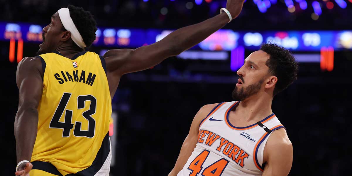New York Knicks guard Landry Shamet (44) reacts after a shot against Indiana Pacers forward Pascal Siakam (43) in the fourth quarter during game five of the eastern conference finals.