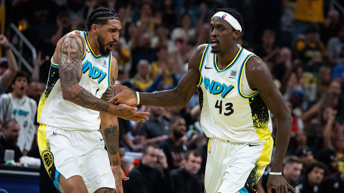 Indiana Pacers forward Pascal Siakam (43) and forward Obi Toppin (1) celebrate a made basket during game four of the second round for the 2025 NBA Playoffs against the Cleveland Cavaliers at Gainbridge Fieldhouse.
