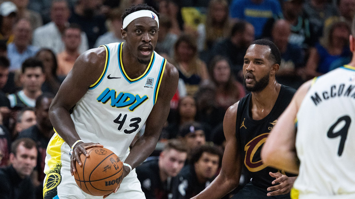 Indiana Pacers forward Pascal Siakam (43) holds the ball while Cleveland Cavaliers forward Evan Mobley (4) defends during game four of the second round for the 2025 NBA Playoffs at Gainbridge Fieldhouse.