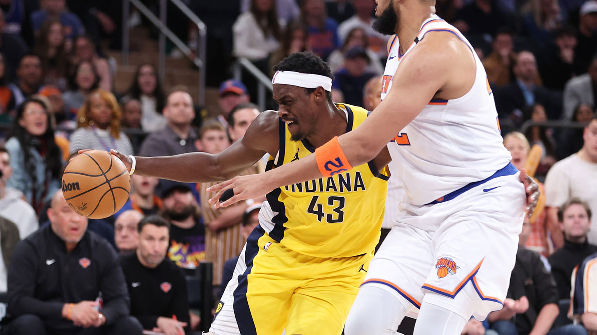 Indiana Pacers forward Pascal Siakam (43) controls the ball against New York Knicks center Karl-Anthony Towns (32) in the second quarter during game two of the eastern conference finals for the 2025 NBA Playoffs at Madison Square Garden.