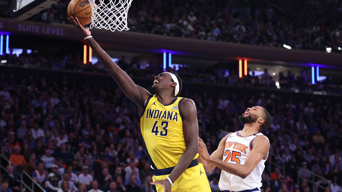 Indiana Pacers forward Pascal Siakam (43) shoots against New York Knicks forward Mikal Bridges (25) in the second quarter during game two of the eastern conference finals for the 2025 NBA Playoffs at Madison Square Garden.
