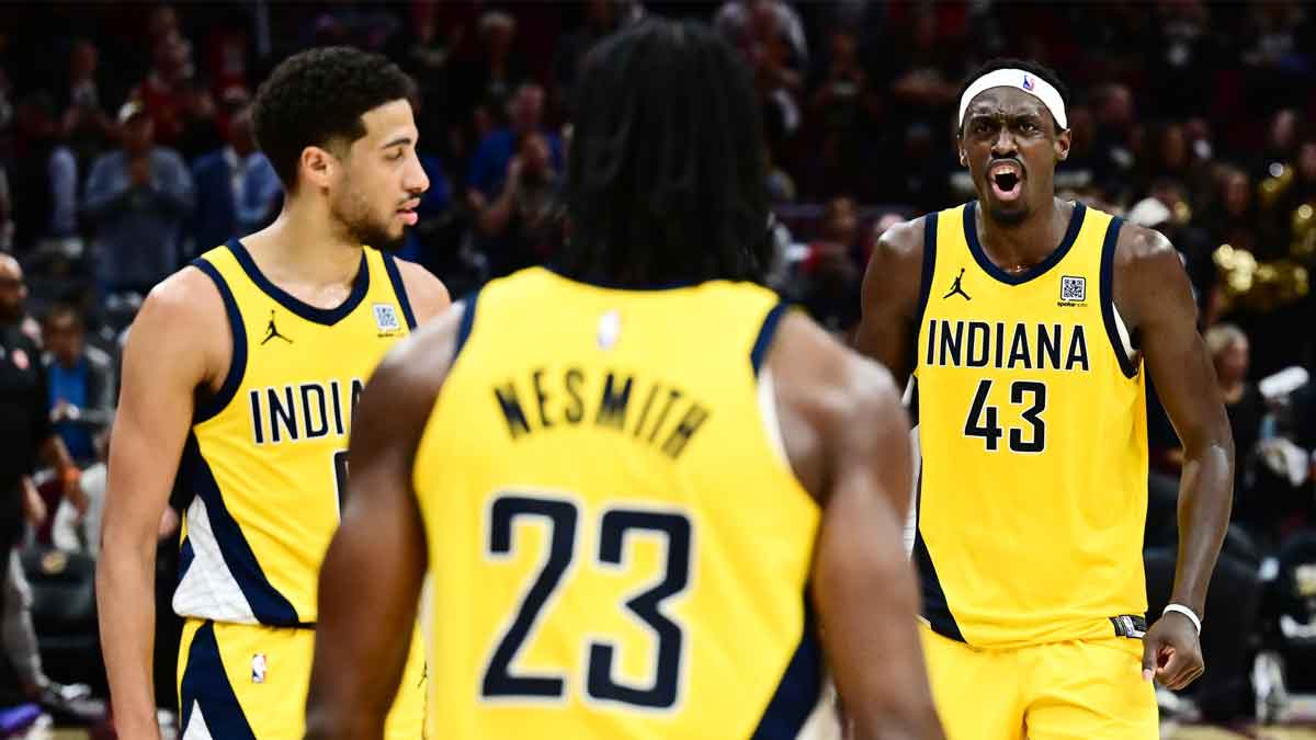 Indiana Pacers forward Aaron Nesmith (23) and guard Tyrese Haliburton (0) and forward Pascal Siakam (43) celebrate during the second half of game five against the Cleveland Cavaliers in the second round for the 2025 NBA Playoffs at Rocket Arena.