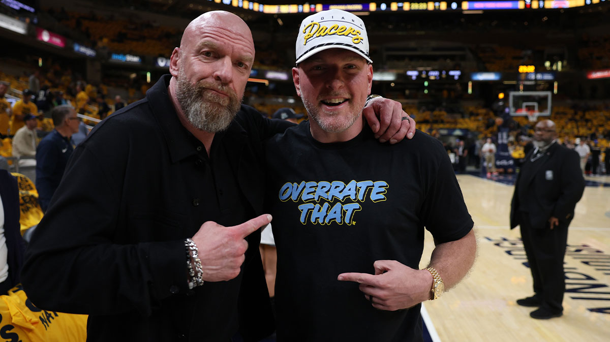 Paul Michael Levesque, known professionally as Triple H, and Pat McAfee pose for a photo prior to game four of the eastern conference finals between the Indiana Pacers and the New York Knicks for the 2025 NBA Playoffs at Gainbridge Fieldhouse.