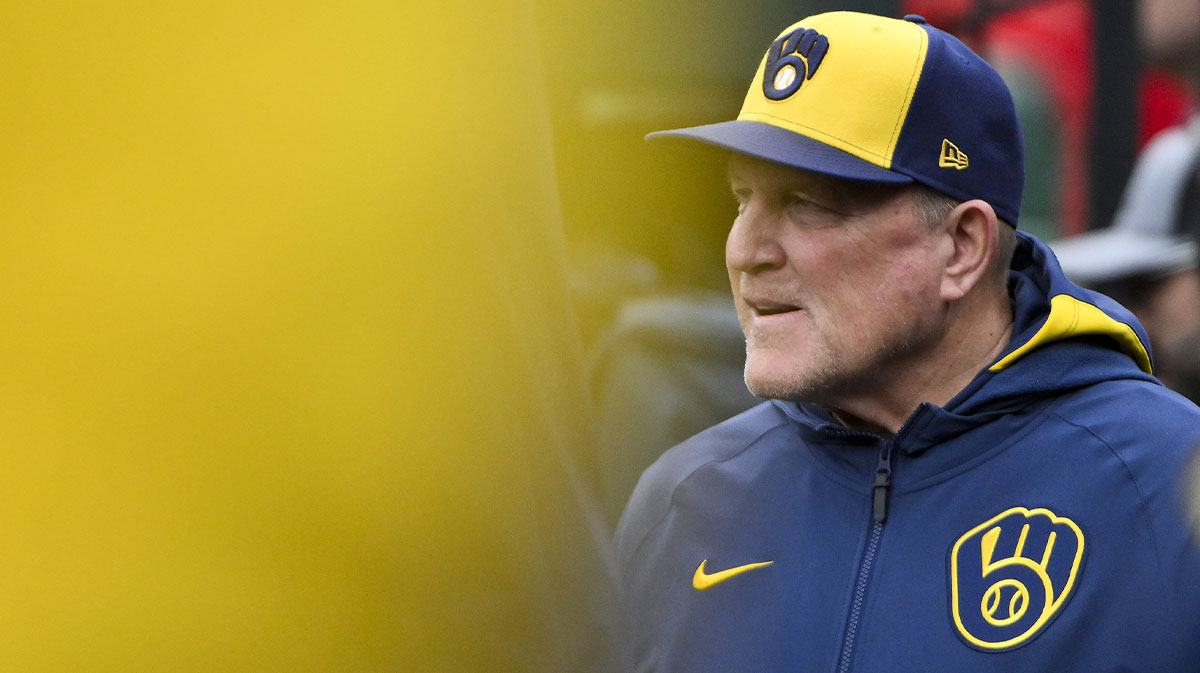Apr 27, 2025; St. Louis, Missouri, USA; Milwaukee Brewers manager Pat Murphy (49) looks on from the dugout before a game against the St. Louis Cardinals at Busch Stadium. Mandatory Credit: Jeff Curry-Imagn Images