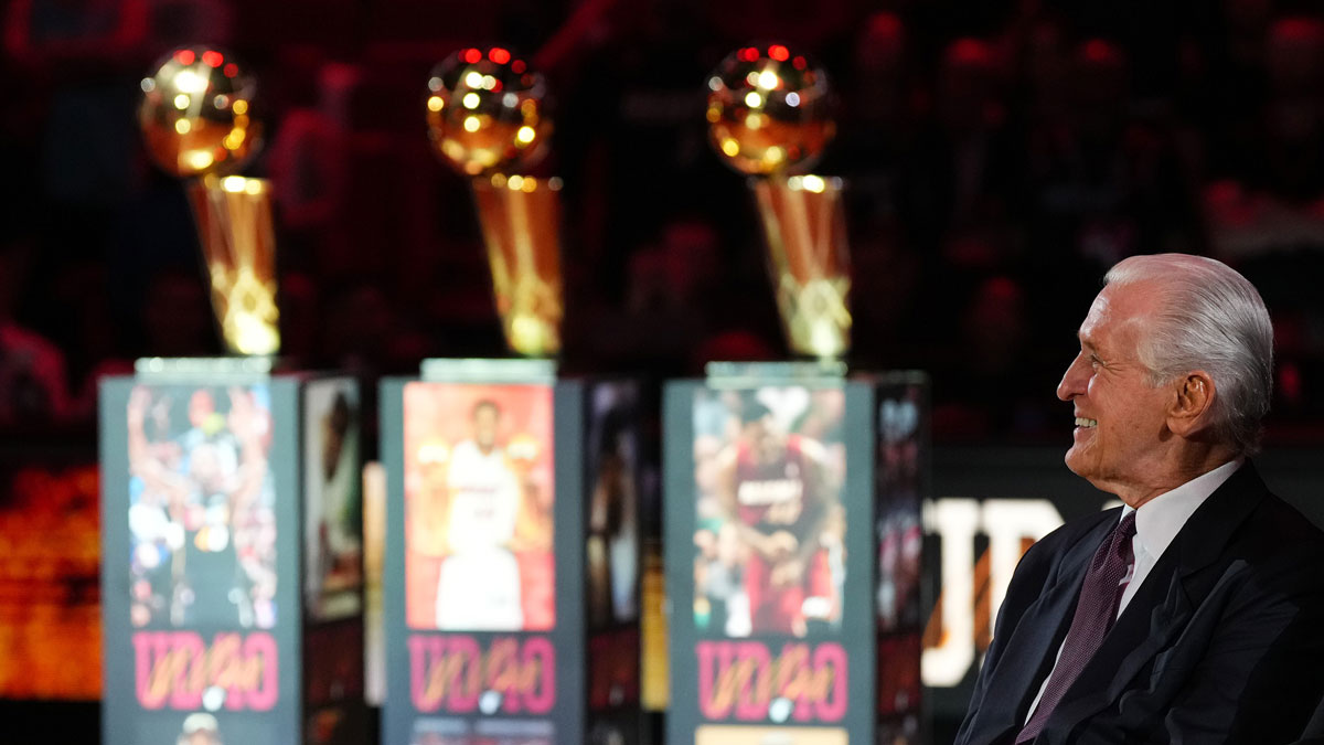 Miami Heat's president Pat Riley seated on the field for Jersey's retirement ceremony for former Udonis Haslem player during the half-time of the match between Miami Heat and Atlanta Hawks Kaseya Center