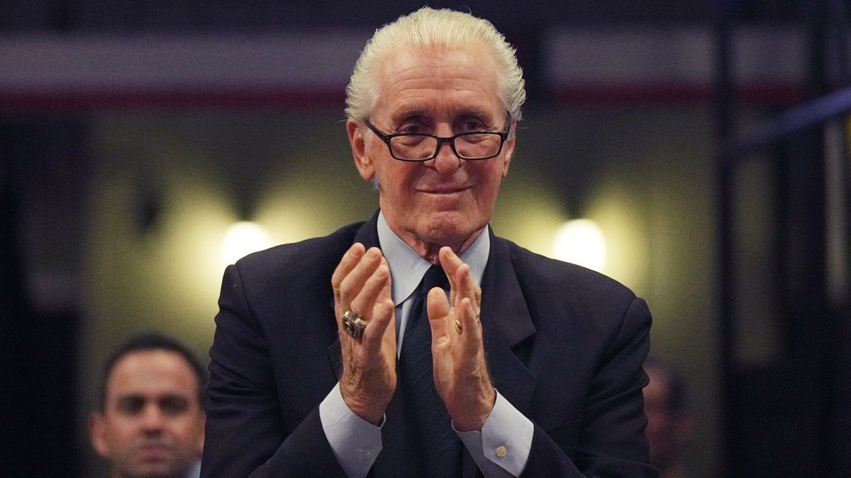 Miami Heat president Pat Riley applauds Chris Bosh during a brief ceremony during the game between the Miami Heat and Atlanta Hawks at Miami-Dade Arena.