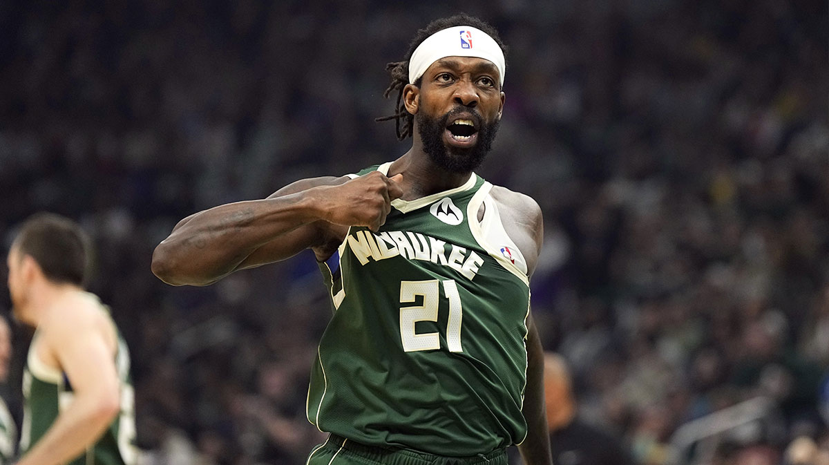 Milwaukee Bucks guard Patrick Beverley (21) gestures towards the crowd following a play during the second quarter against the Indiana Pacers during game five of the first round for the 2024 NBA playoffs at Fiserv Forum.
