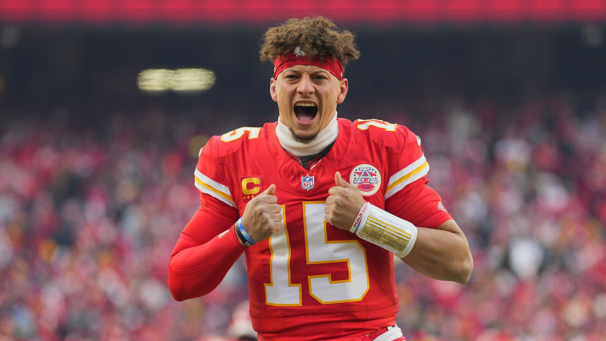Jan 18, 2025; Kansas City, Missouri, USA; Kansas City Chiefs quarterback Patrick Mahomes (15) reacts before a 2025 AFC divisional round game against the Houston Texans at GEHA Field at Arrowhead Stadium.