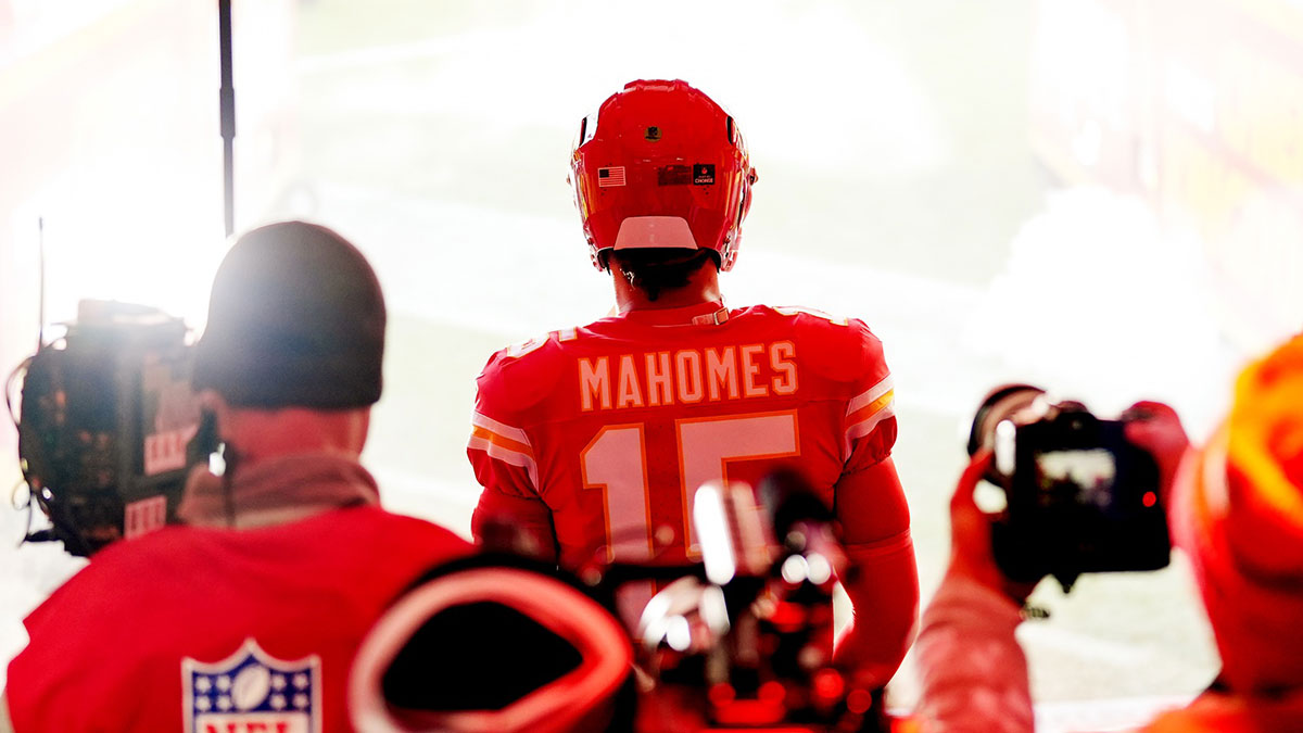Dec 21, 2024; Kansas City, Missouri, USA; Kansas City Chiefs quarterback Patrick Mahomes (15) gets ready to take the field prior to a game against the Houston Texans at GEHA Field at Arrowhead Stadium. Mandatory Credit: Jay Biggerstaff-Imagn Images
