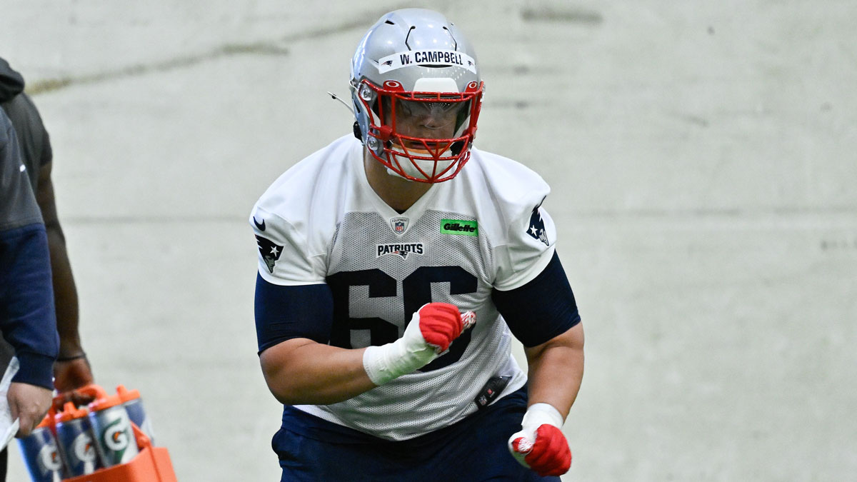 New England Patriots offensive tackle Will Campbell (66) practices during rookie camp at Gillette Stadium.