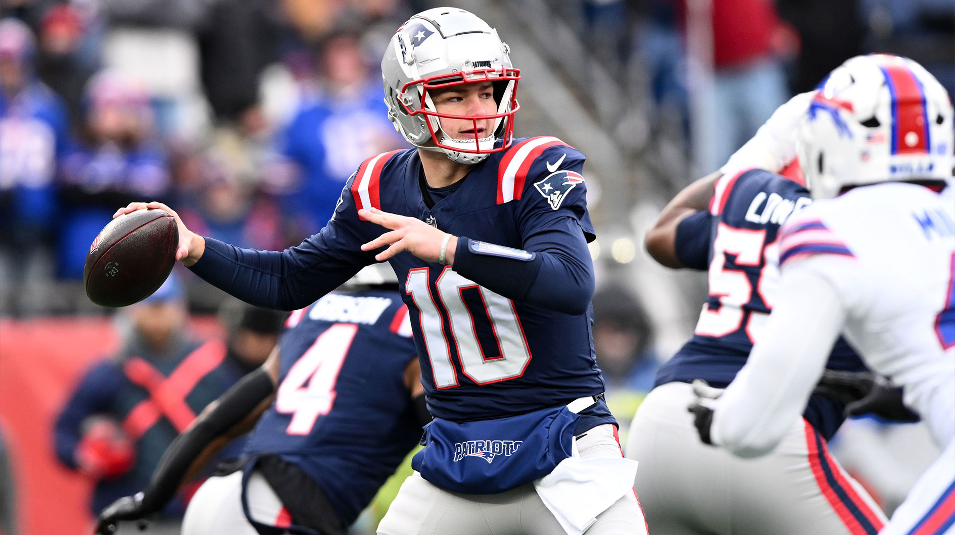 New England Patriots quarterback Drake Maye (10) looks to throw against the Buffalo Bills during the first half at Gillette Stadium.