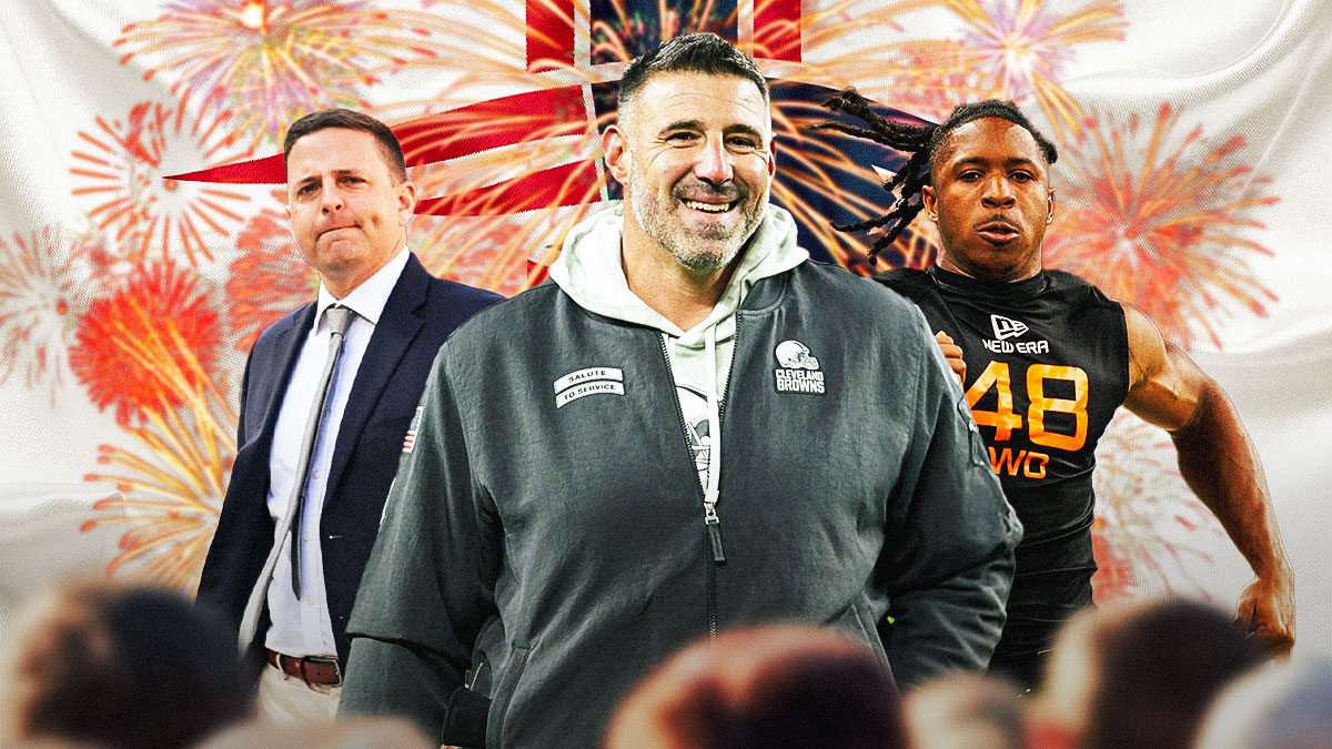Coach Mike Vrabel, GM Eliot Wolf, Kyle Williams beside each other, New England Patriots wallpaper and fireworks in the background