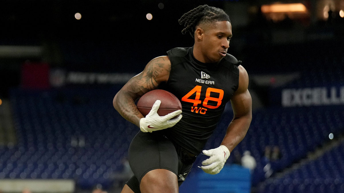 Washington State wideout Kyle Williams (WO48) during the 2025 NFL Combine at Lucas Oil Stadium.